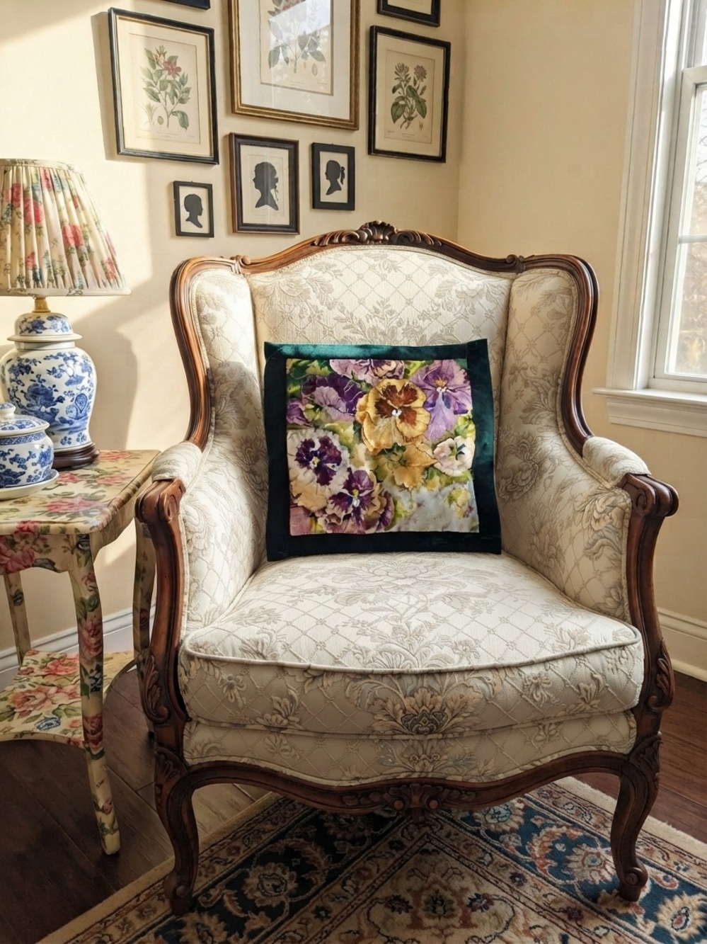 Vintage Needlepoint Pansy Floral Throw Pillow Velvet Border Cottagecore Accent